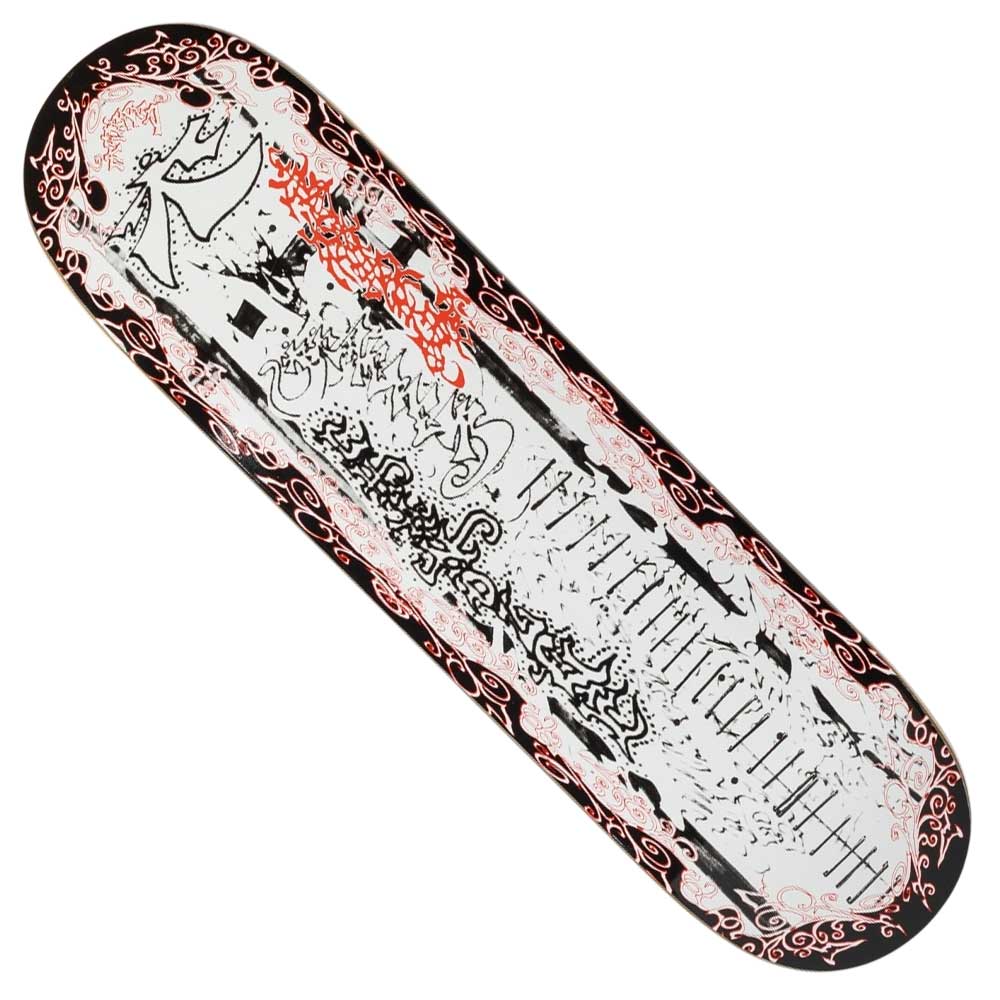 The Red Velvet Chandler 8.5 There Skateboards Deck features a white and black abstract design with red velvet accents, swirling patterns, a stylized face on the left, and intricate red shapes along the border for extra flair.