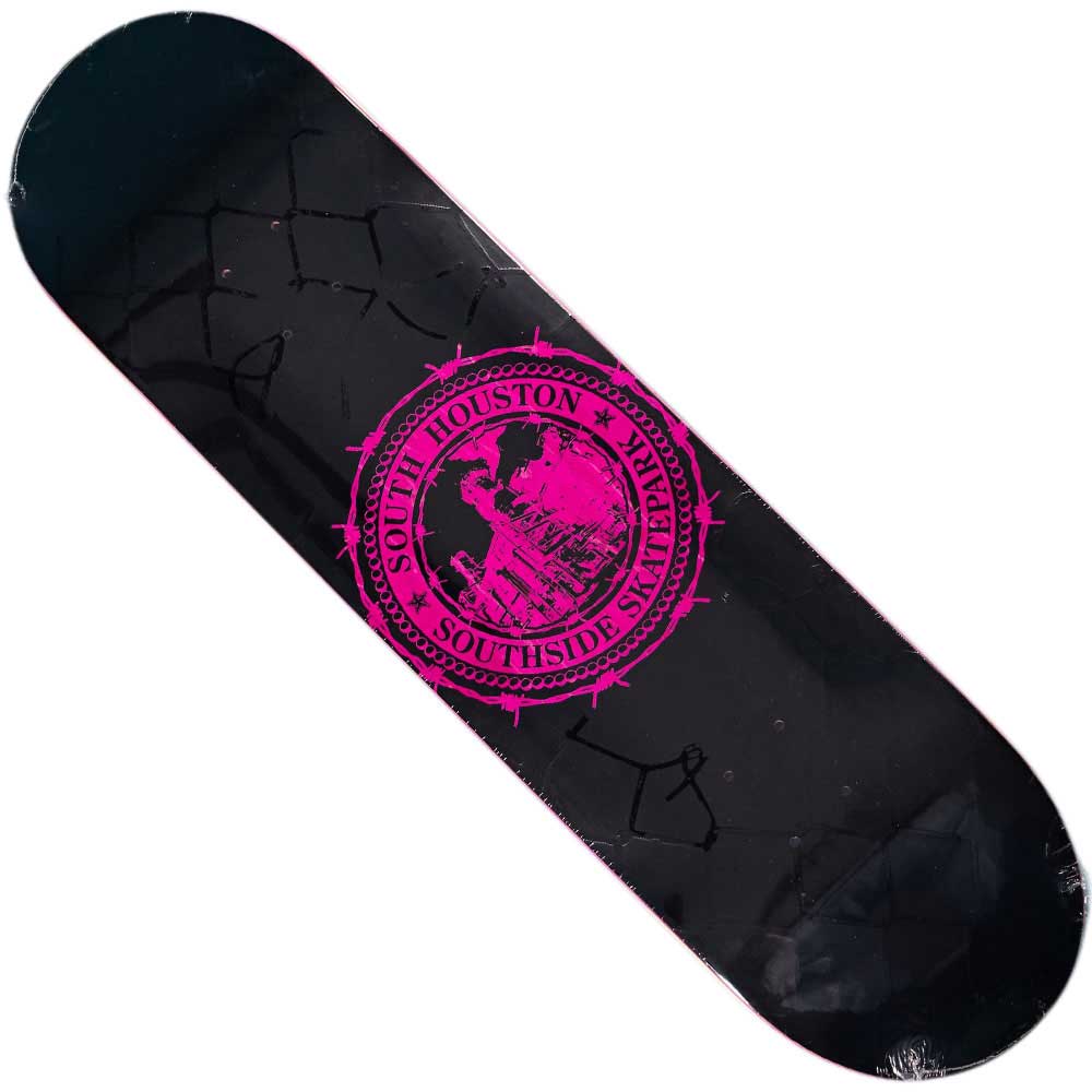 The Refinery Southside Skateboard Deck by Bigo is a black deck with a large, bright pink circular logo at the center reading "South Houston Southside Skatepark" and featuring a stylized building illustration as a stained veneer icon.
