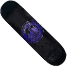 The Refinery Southside Skateboard Deck by Bigo features a black finish with a purple circular emblem and cityscape at the center, set against a geometric background and embossed chain link fence for added texture.