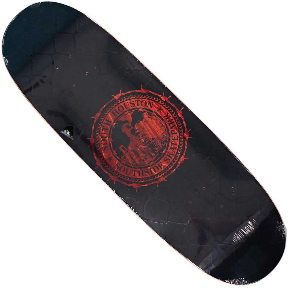 A black Refinery Southside Skateboard EGG Deck by Bigo features a red circular South Houston Southside Skatepark logo in the center, displayed from above on a white background.