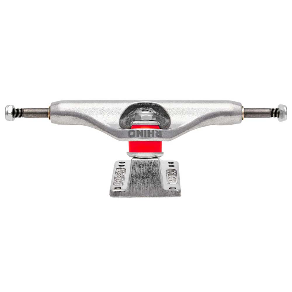 A Rhino Span Polished Silver Standard INDY 169 Stage 11 Truck, set of two, is shown from the front with a red bushing, RHINO logo on the hanger, metallic baseplate, and white background.