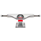 A Rhino Span Polished Silver Standard INDY 169 Stage 11 Truck, set of two, is shown from the front with a red bushing, RHINO logo on the hanger, metallic baseplate, and white background.