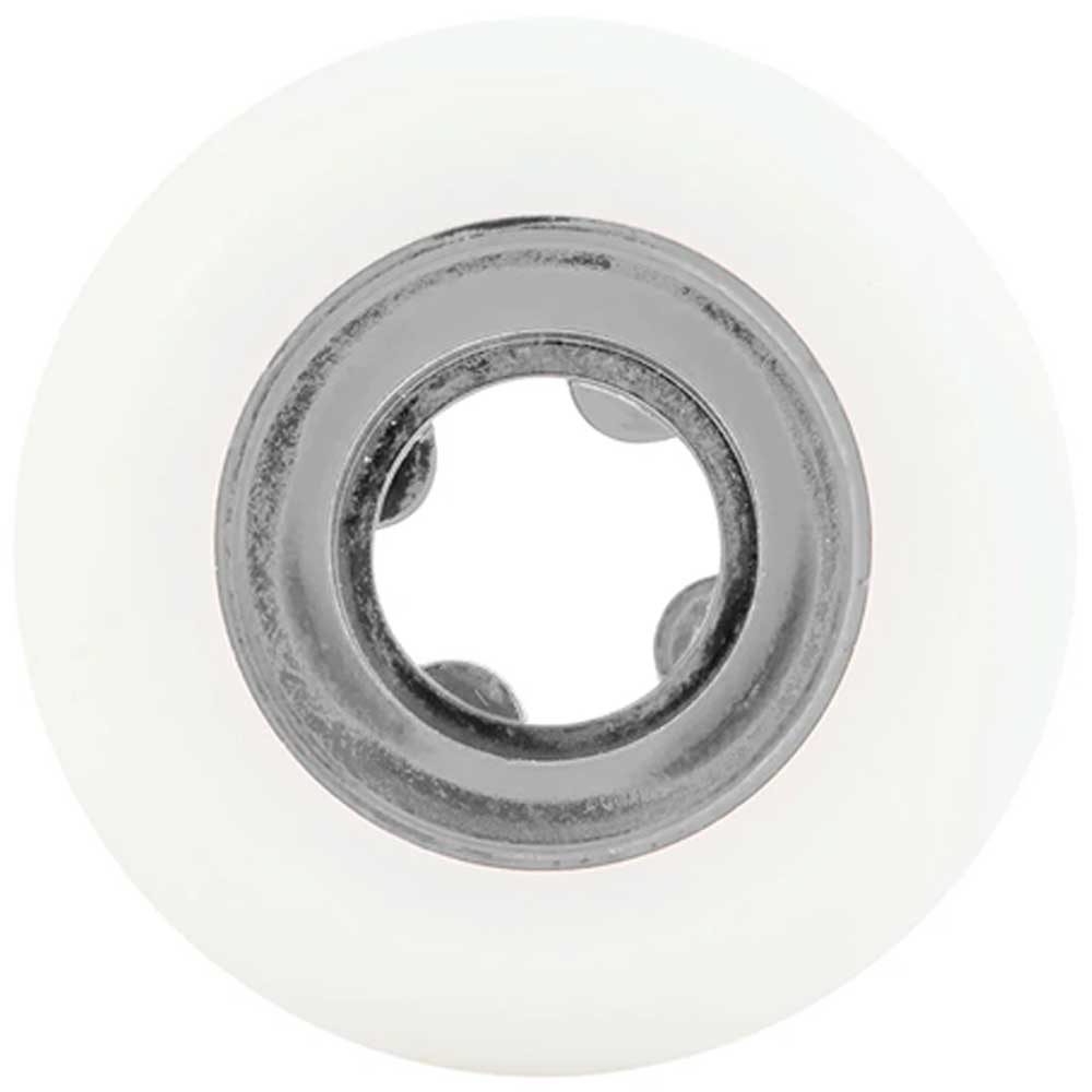 A close-up of a Ricta Chrome Clouds 56mm92A All Terrain Black White skateboard wheel with metal bearing, shot from above on a plain background, highlights its 92A formula for smooth rides over various surfaces.