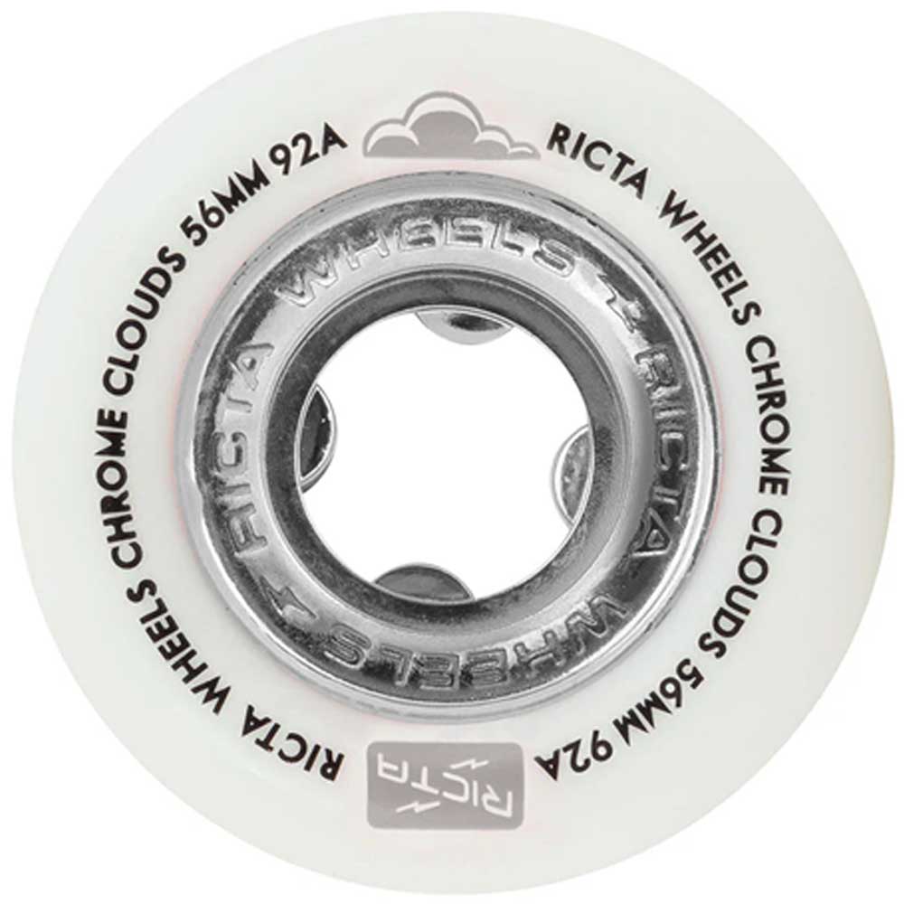 A 56mm white skateboard wheel with gray "Ricta Chrome Clouds 92A" lettering, a small cloud graphic near the center hole, from the Ricta Chrome Clouds 56mm92A All Terrain Black White line.