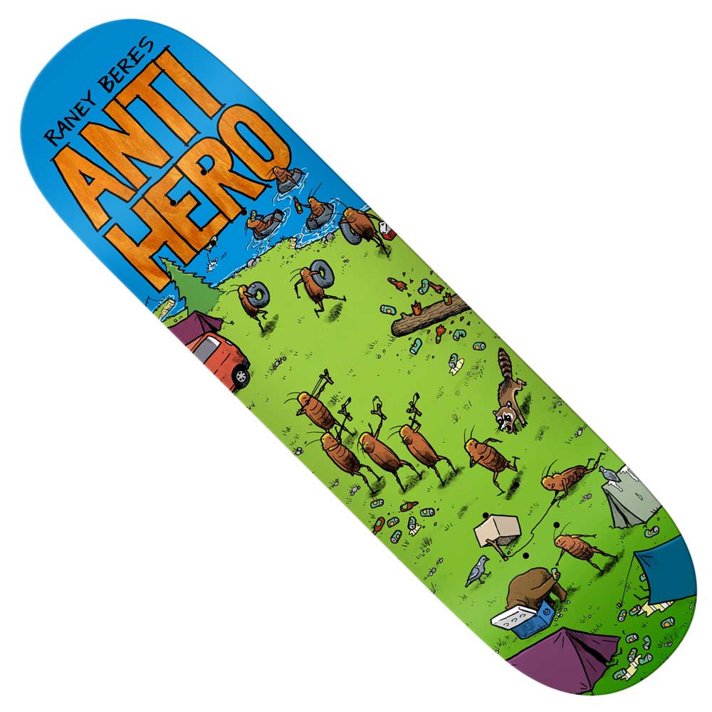 Blue and green skateboard deck featuring cartoon ants camping, hiking, swimming, and roasting marshmallows. The top displays "Roached Out 2 Raney 8.62 Anti Hero Skateboards Deck" in large yellow and black lettering.