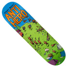 Blue and green skateboard deck featuring cartoon ants camping, hiking, swimming, and roasting marshmallows. The top displays "Roached Out 2 Raney 8.62 Anti Hero Skateboards Deck" in large yellow and black lettering.