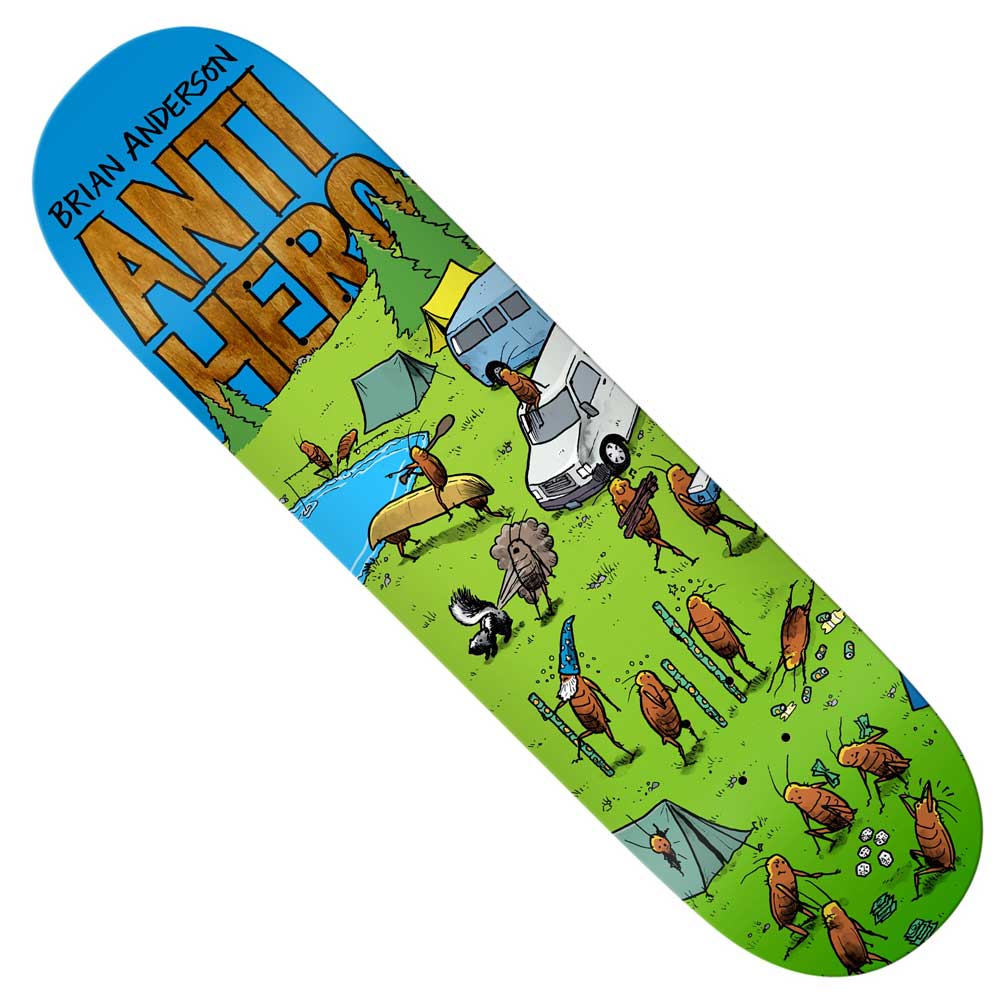 The Roached Out BA 8.5 Anti Hero Skateboards Deck highlights Brian Anderson’s name and displays cartoon cockroaches camping in a forest scene, complete with tents, vans, and a wizard cockroach. The artwork transitions from a blue sky to a bright green grassy field, capturing the distinctive creativity of Anti Hero Skateboards.