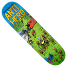 The Roached Out Daan 8.28 Anti Hero Skateboards Deck showcases a whimsical scene with cartoon dogs camping—some gathered around a fire, others lounging or playing by tents, trees, vans, and a red car. The deck features Daan Van Der Linden's name alongside ANTI HERO at the top.