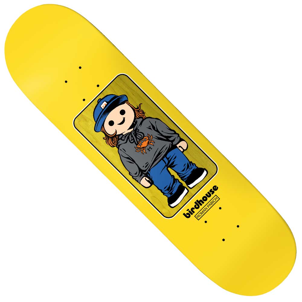 The Roman Pabich Toybox 8.5 Birdhouse Skateboards Deck features a yellow background with an illustration of a cartoon character dressed in a gray hoodie, blue pants, and a blue cap, along with Birdhouse Skateboards branding beneath the character—an ideal choice for fans of the Roman Pabich Deck series.