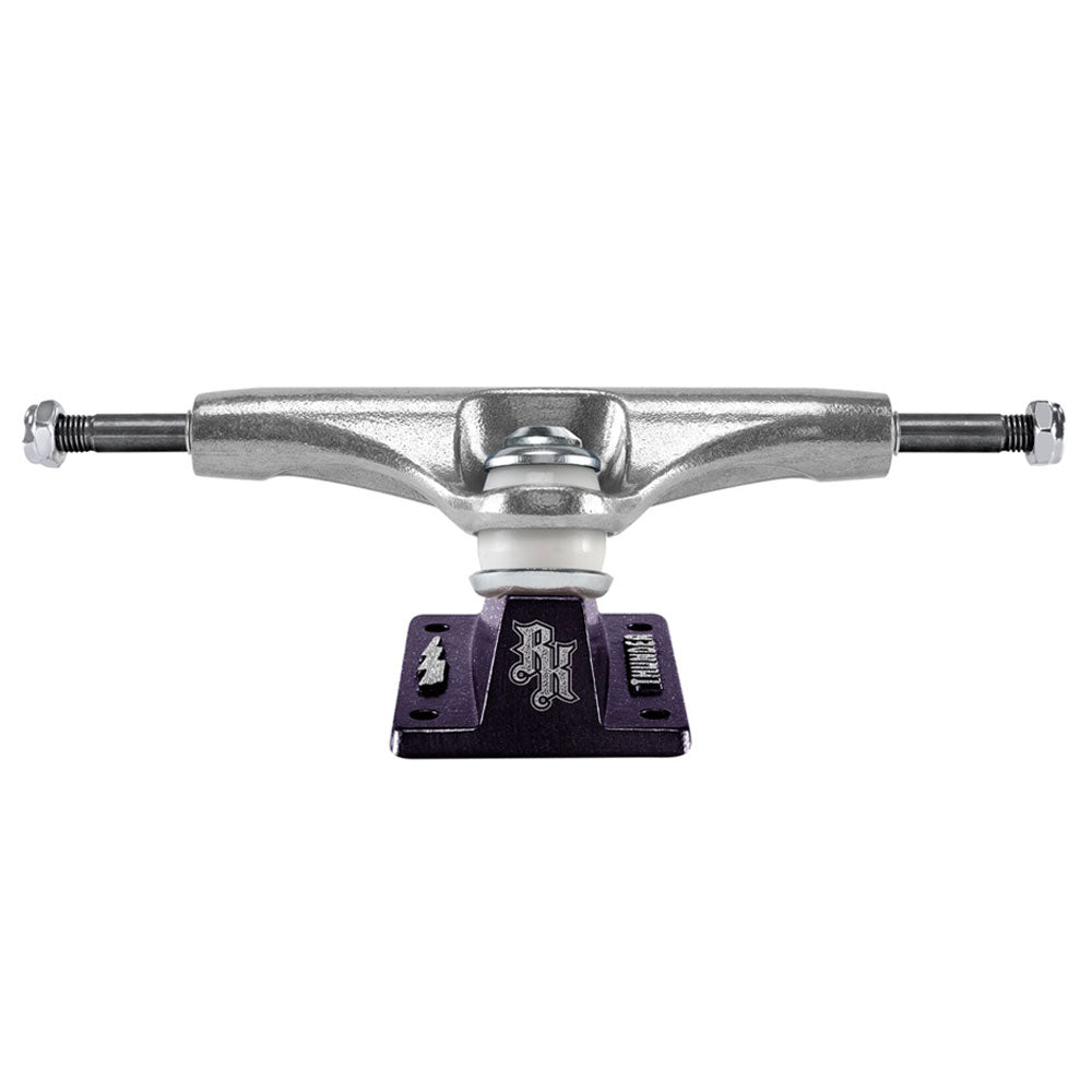Ronnie Kessner Pro Inverted Thunder 148 Trucks set featuring a silver metal hanger, white bushings, and a dark purple baseplate with a lightning bolt and logo.