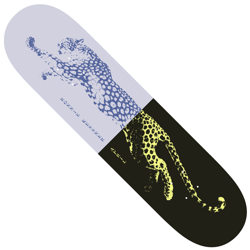 The Ronnie Kessner 8.5 Two Tone April Skateboards Deck is a premium maple popsicle deck with a leaping leopard graphic—blue on light in front, yellow on dark in back—ideal for street and park skating.