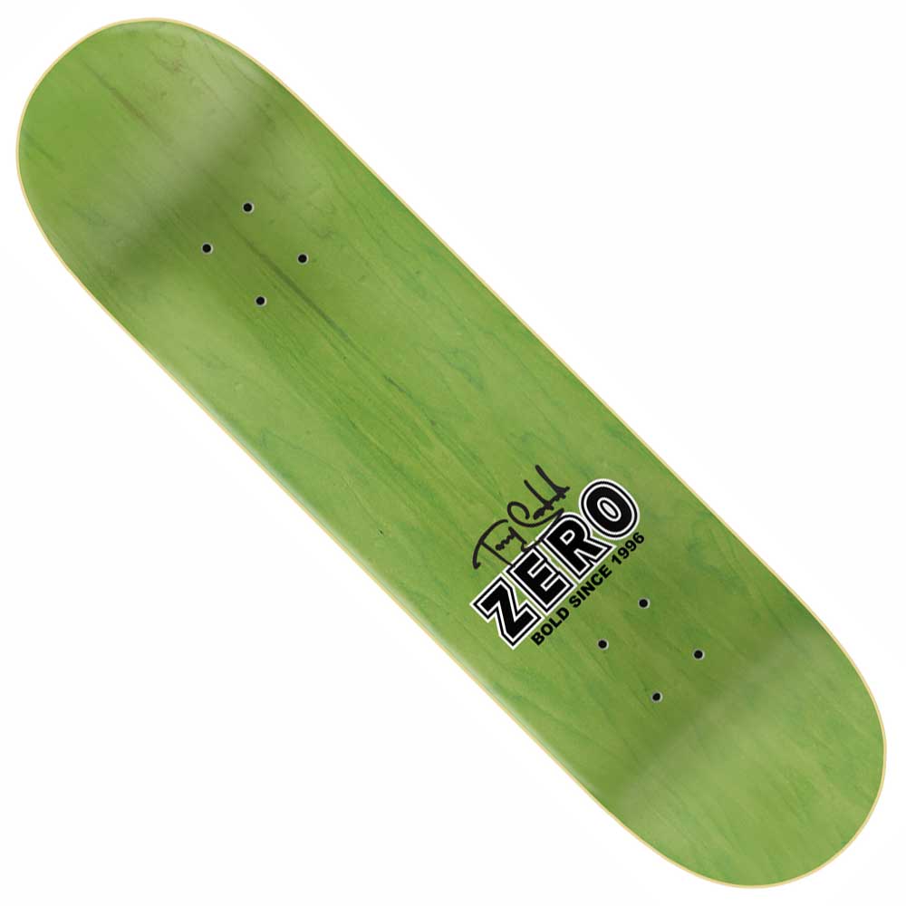 The Lion 8.25 Sandoval Zero Skateboards Deck is a green deck with a subtle wood grain, the Zero logo, Micha Ulrich’s black signature above the logo, and "BOLD SINCE 1996" text, all viewed from above.