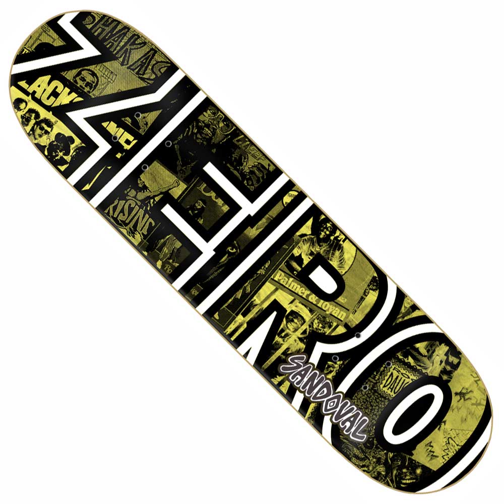 The Lion 8.25 Sandoval Zero Skateboards Deck showcases a bold black and white ZERO logo over a yellow collage with vintage photos, designed by Micha Ulrich. Sandoval's name is written in white graffiti-style script at the bottom.