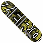 The Lion 8.25 Sandoval Zero Skateboards Deck showcases a bold black and white ZERO logo over a yellow collage with vintage photos, designed by Micha Ulrich. Sandoval's name is written in white graffiti-style script at the bottom.