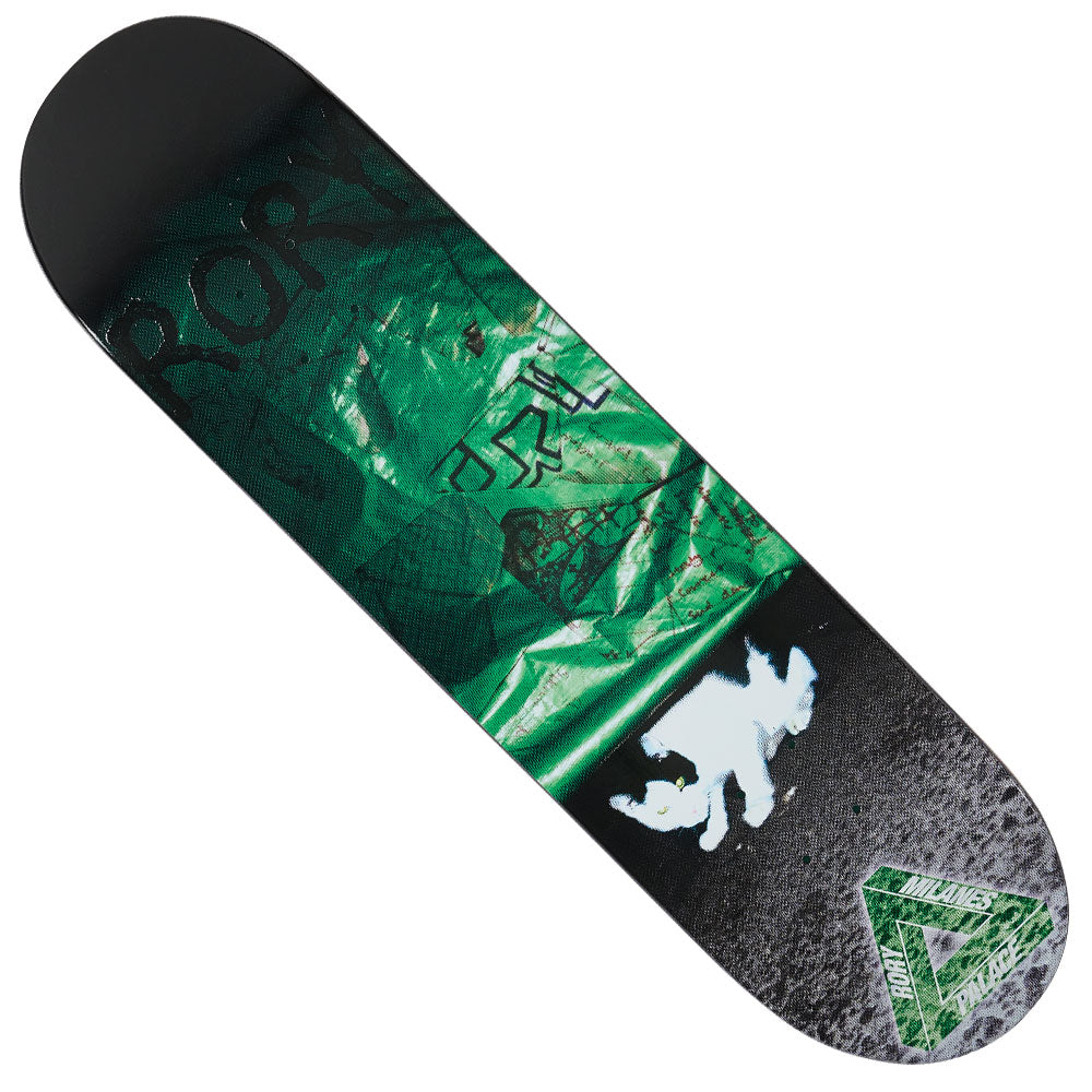 Rory Pro 8.06x31.3 S45 Palace Skateboard Deck featuring a green crinkled graphic, a white silhouette of a figure, and a triangular logo badge at the tail.