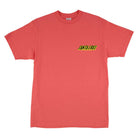 The Roskopp Cruz Control Heavyweight T-Shirt in coral features a small yellow and black Santa Cruz logo on the left chest. This regular fit men's tee is a staple for skateboard fans, shown laid flat on a white background.