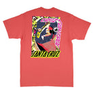 The Roskopp Cruz Control Heavyweight T-Shirt in coral by Santa Cruz features a men's regular fit and showcases a vibrant skateboarder graphic with dynamic yellow, pink, and black text—a bold choice for any skate apparel collection.
