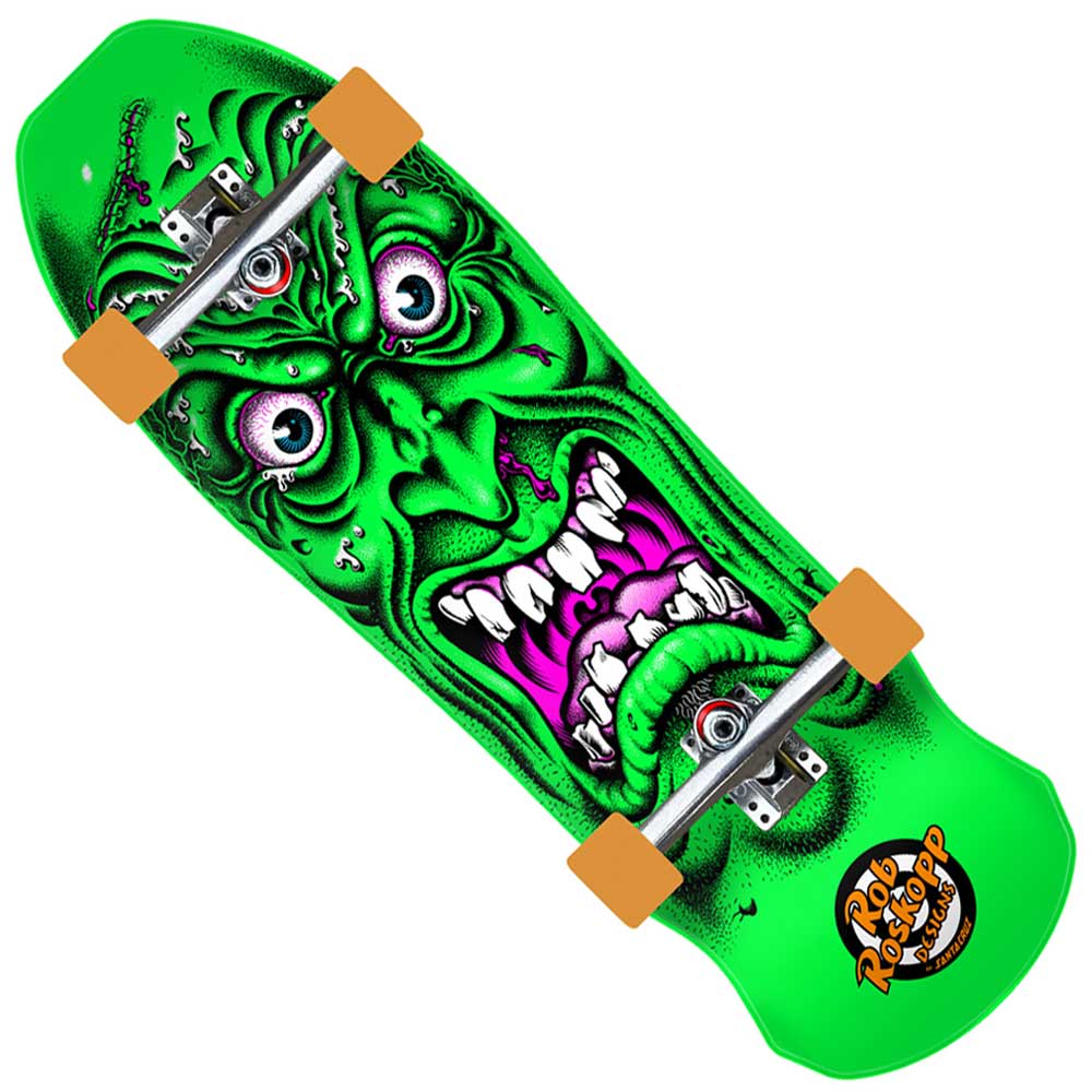 The Roskopp Face 9.5in x 31in Shaped Cruzer Santa Cruz Complete Skateboard features a bright green deck, orange wheels, and a graphic of a snarling green face with bulging eyes and teeth, plus the iconic Rob Roskopp Santa Cruz logo.