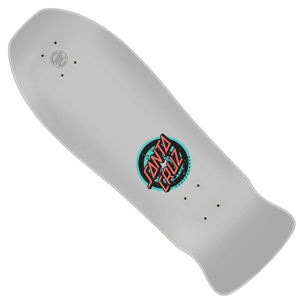 This Roskopp Five Reissue 10.22in x 30.282in Santa Cruz Deck features a white finish with a bold red and teal Santa Cruz logo at the center. Boasting a wide tail, rounded nose, black bolt holes, and the signature Cruz Missile II concave for superior control and comfort, this classic-shaped deck captures the legendary style of Santa Cruz Skateboards.
