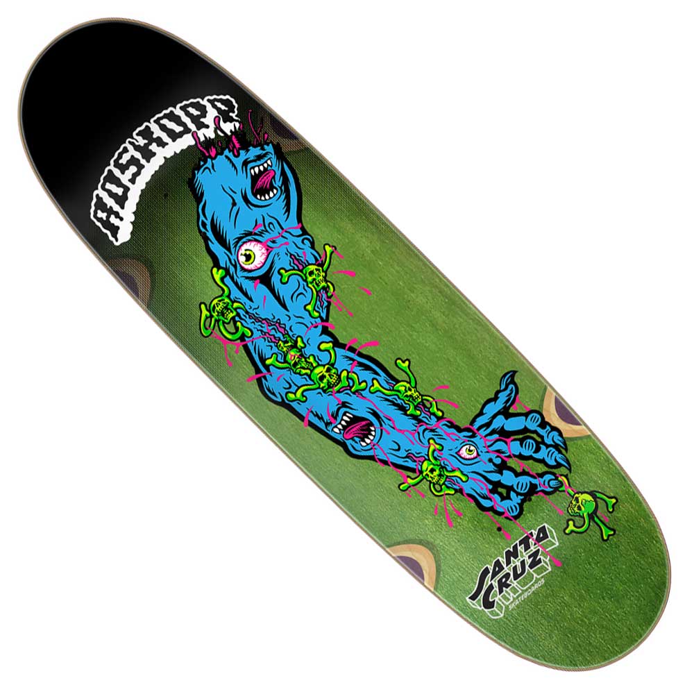 The Roskopp Screaming Arm Pro 9.00in x 32.00in Santa Cruz Skateboards deck features a green background with a blue, three-eyed monster hand gripping zombie-like figures, plus “Hosoi” and “Santa Cruz” logos printed on the deck.