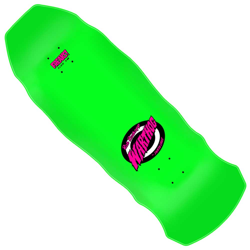 A vibrant green Roskopp Warthog Freaks 11.00in x 31.445in Santa Cruz Deck features wavy edges, bold black and pink Warthog graphics centered on the deck, and Protas branding near the top. Drawing inspiration from classic old school skateboard designs by Santa Cruz Skateboards, this deck comes pre-drilled with holes for easy truck mounting.