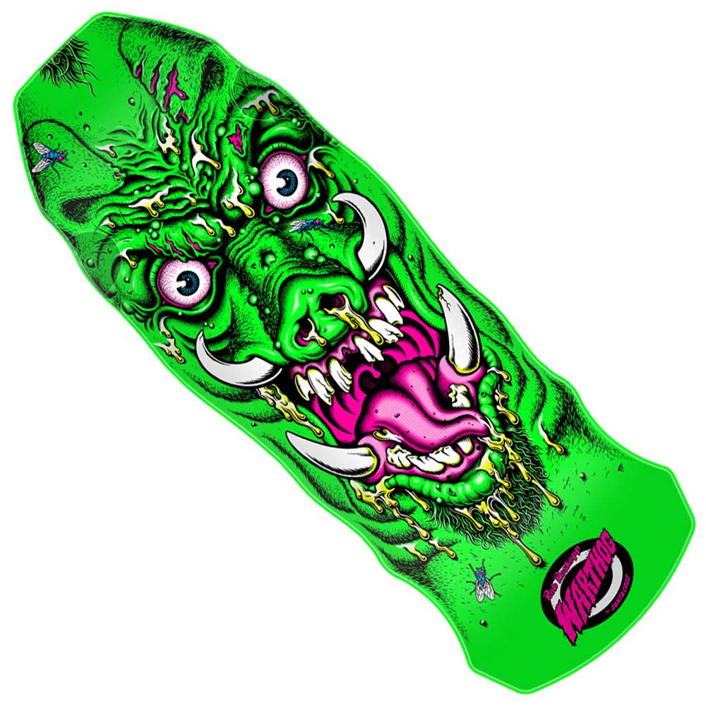 Introducing the Roskopp Warthog Freaks 11.00in x 31.445in Santa Cruz Deck—a green old-school skateboard deck showcasing a fierce monster face with sharp tusks, bulging eyes, a long tongue, and dripping drool. This classic design also features a small bug and the iconic Screaming Hand logo in the bottom right corner from Santa Cruz Skateboards.