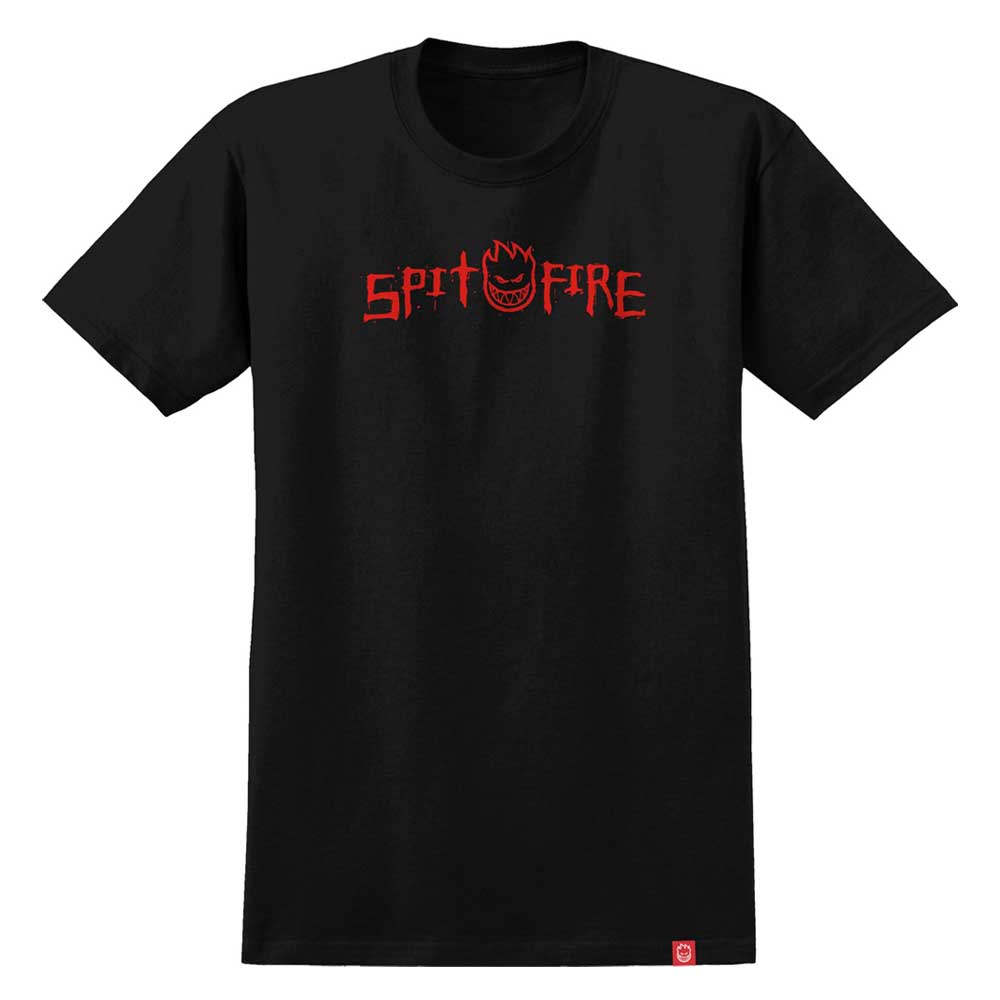 Product Rewrite: The Rough Scribble Black Red Tee from Spitfire Wheels features bold red SPITFIRE text and a prominent smiling flame logo at the center, channeling the iconic Spitfire Wheels aesthetic. This tee stands out with its simple design, free from any additional graphics or patterns.