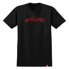 Product Rewrite: The Rough Scribble Black Red Tee from Spitfire Wheels features bold red SPITFIRE text and a prominent smiling flame logo at the center, channeling the iconic Spitfire Wheels aesthetic. This tee stands out with its simple design, free from any additional graphics or patterns.