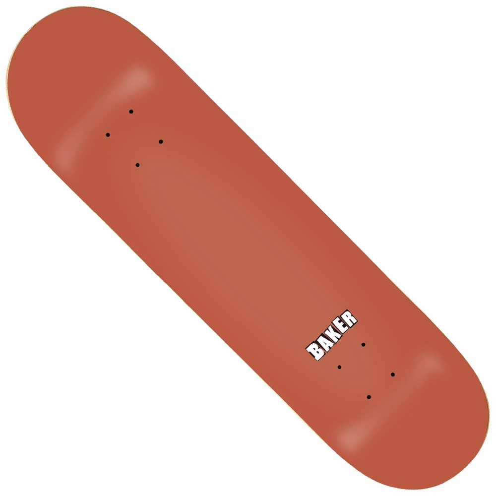 The Rowan Zorilla 8.12x31.6 Brain Rabies Baker Skateboard Deck is a plain, reddish-brown deck with BAKER in white block letters near one end. It comes without grip tape or trucks, ideal for skateboarding enthusiasts.
