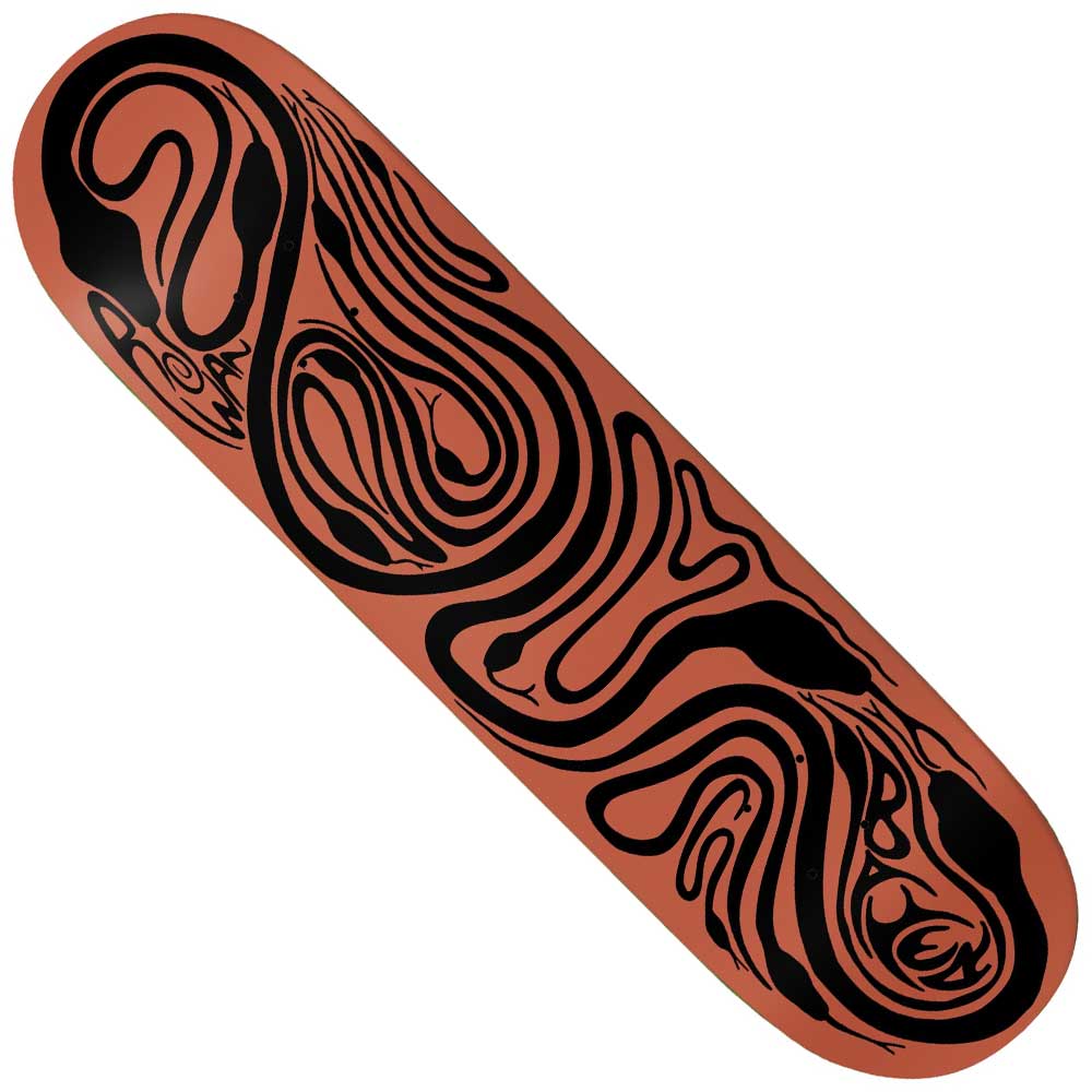 The Rowan Zorilla 8.12x31.6 Brain Rabies Baker Skateboard Deck features bold, abstract black swirls on a reddish-brown base, creating an artistic and modern look ideal for skating enthusiasts.