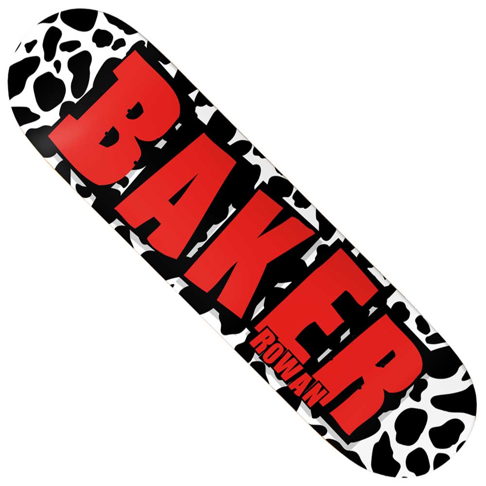 The Rowan Zorilla Brand Logo 8.475 Cow Baker Skateboards Deck features a bold black and white cow pattern with striking red BAKER lettering and ROWAN text at the center, celebrating pro skater Rowan Zorilla’s signature style.