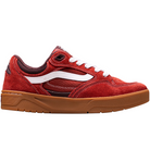 The Vans Skate Rowan Z3 VN000V74BRD Gum Bordeaux Suede Skateboard Shoe features a red suede upper with white accents and laces, a thick brown rubber sole, impact protection, and a wavy white side stripe for classic skate style.
