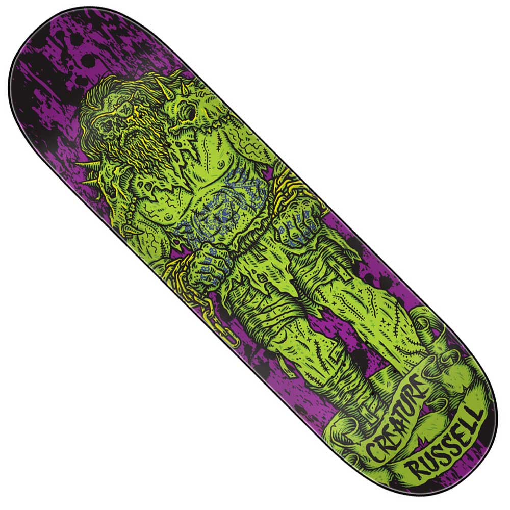 The Russell Vikings of Hesh Law XX Pro 8.75in x 32.15in Creature Skateboard Deck is a 7-ply North American Maple deck with a vivid green zombie creature in spiked armor, glowing yellow eyes, and “CREATURE RUSSELL” on a purple background.