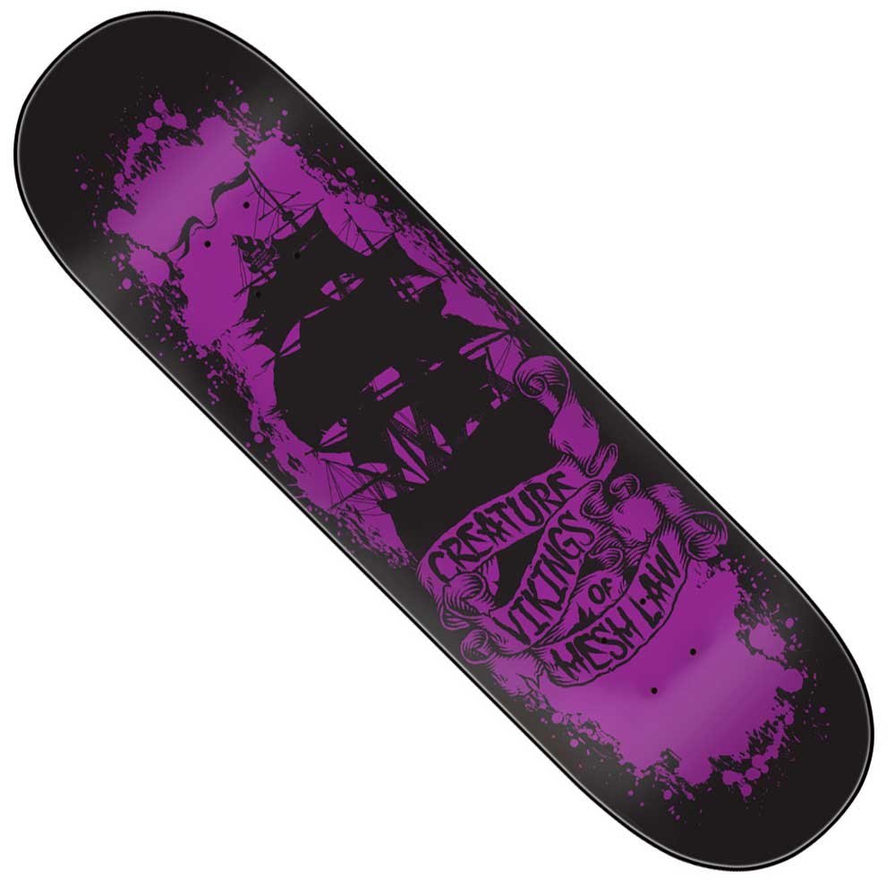 The Russell Vikings of Hesh Law XX Pro 8.75in x 32.15in Creature Skateboard Deck boasts a black and purple sailing ship design, "Vikings of Hesh Law" scroll banner, and is crafted from 7 ply North American Maple for strength and style.