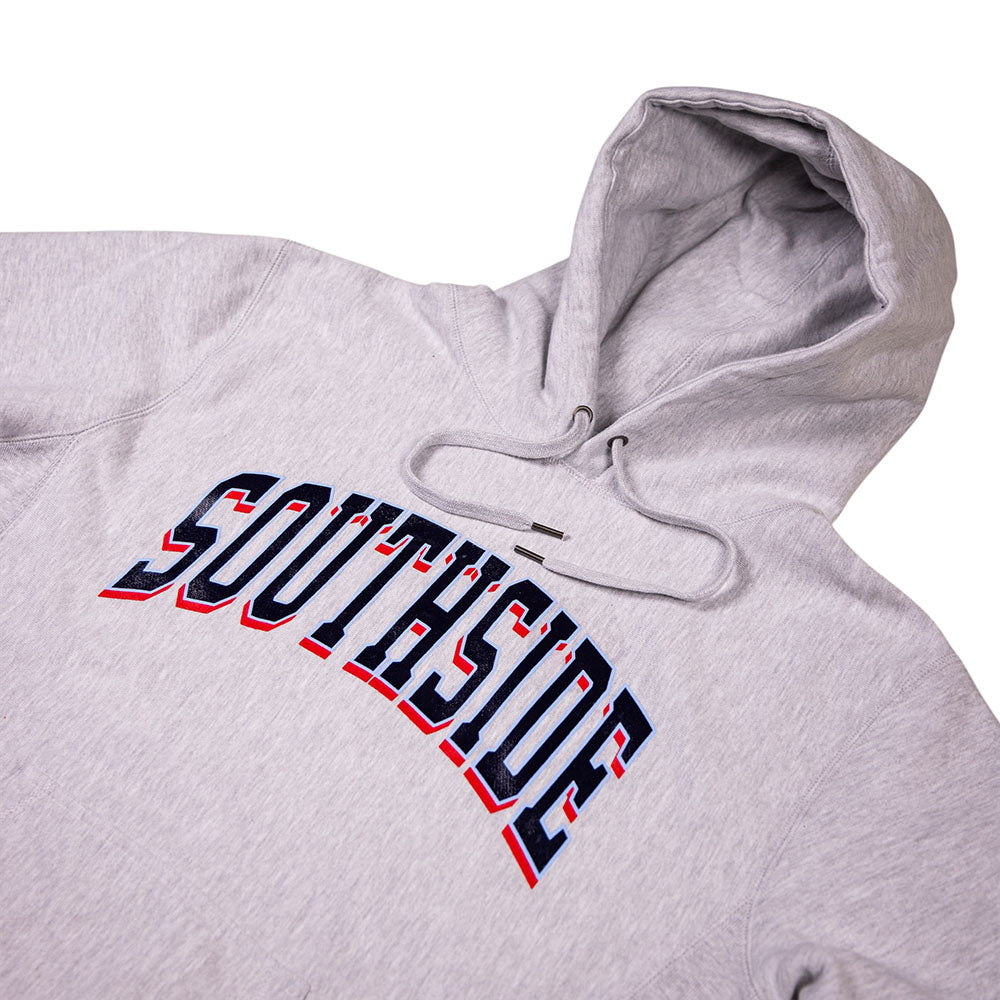 Southside The Glide Premium Heavyweight Pullover Hoodie Gray Heather is a vintage-style pullover with a drawstring hood and the word SOUTHSIDE arched across the chest in red and blue letters with a black outline.