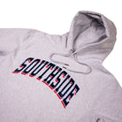 Southside The Glide Premium Heavyweight Pullover Hoodie Gray Heather is a vintage-style pullover with a drawstring hood and the word SOUTHSIDE arched across the chest in red and blue letters with a black outline.
