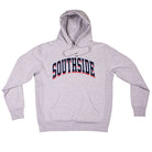 Southside The Glide Premium Heavyweight Pullover Hoodie Gray Heather is a pullover with a drawstring hood, kangaroo pocket, and SOUTHSIDE printed in arched, navy-and-red-outlined lettering across the chest.