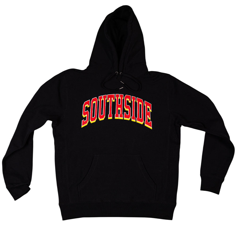 Southside The Dream Premium Heavyweight Pullover Hoodie Black, featuring the word SOUTHSIDE in red, yellow, and white arched lettering across the chest in a vintage teamwear style.