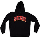 Southside The Dream Premium Heavyweight Pullover Hoodie Black, featuring the word SOUTHSIDE in red, yellow, and white arched lettering across the chest in a vintage teamwear style.