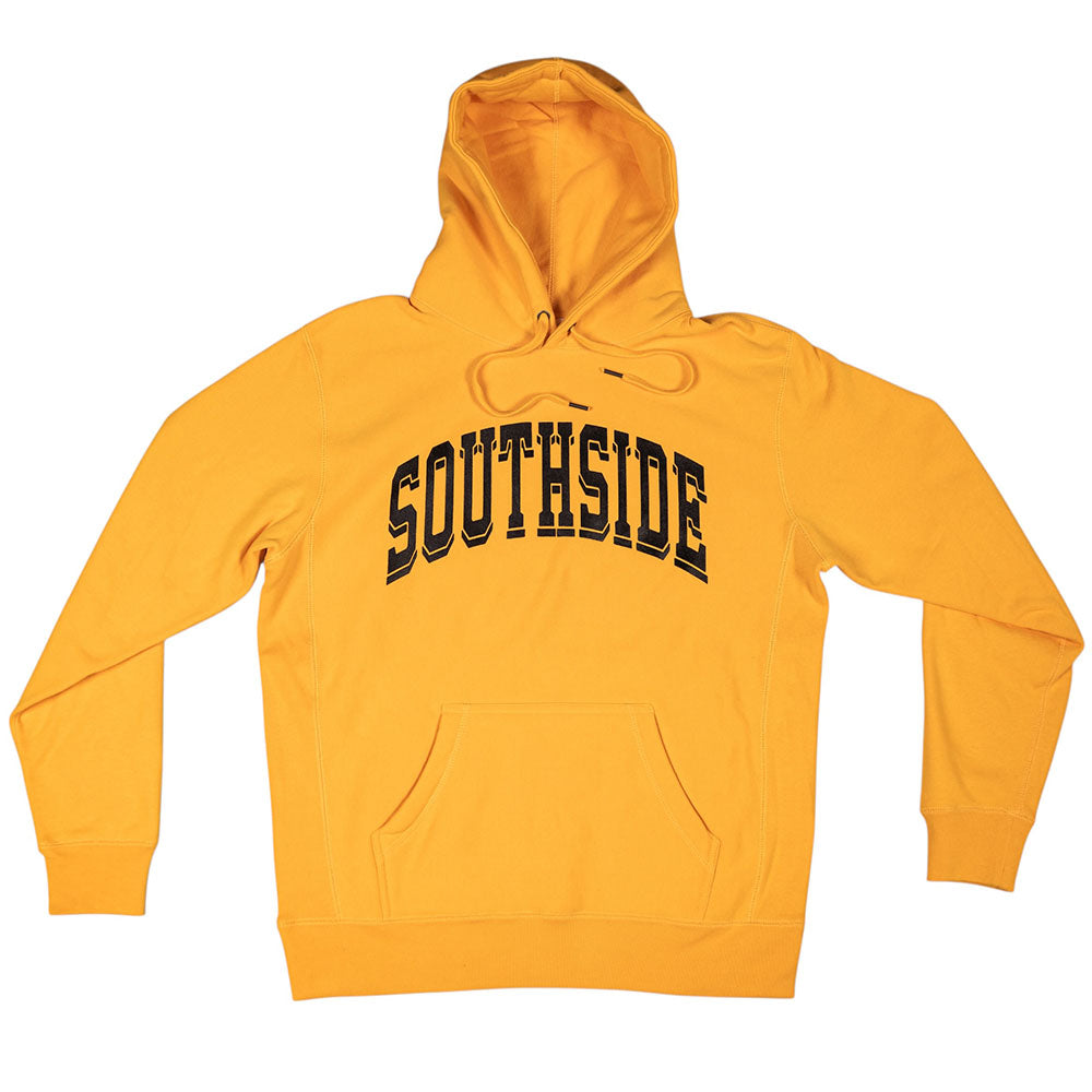 Gold yellow Southside The Jetpack Premium Heavyweight Pullover Hoodie with a front kangaroo pocket and the word SOUTHSIDE arched across the chest in dark blue lettering.
