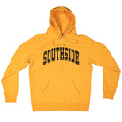 Gold yellow Southside The Jetpack Premium Heavyweight Pullover Hoodie with a front kangaroo pocket and the word SOUTHSIDE arched across the chest in dark blue lettering.
