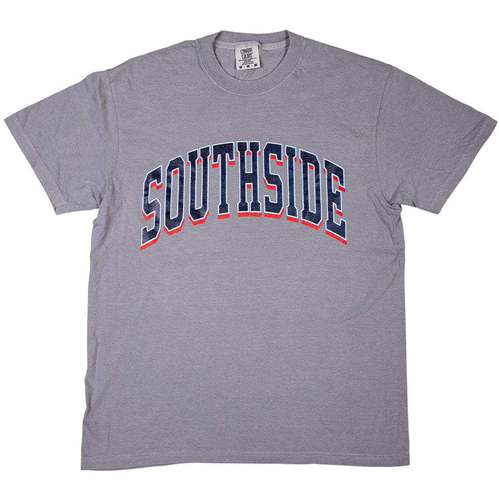 Southside The Glide T-Shirt Granite Gray Tee features a gray crew neck with SOUTHSIDE printed in arched, navy blue and red collegiate-style lettering across the chest.