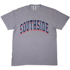 Southside The Glide T-Shirt Granite Gray Tee features a gray crew neck with SOUTHSIDE printed in arched, navy blue and red collegiate-style lettering across the chest.