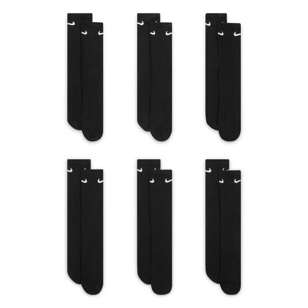 The SX7666010 Black White Nike SB Socks Crew 6 Pack includes six black crew socks, each with a white Nike Swoosh logo near the top cuff, displayed in two rows of three against a white background.