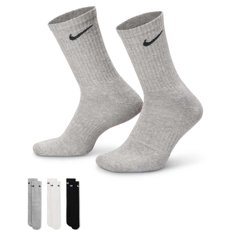 The SX7666964 Multi-Color Black Nike SB Crew Socks 6 Pack includes light gray, white, and black ribbed socks with the signature logo, each featuring Dri-FIT technology for comfort.
