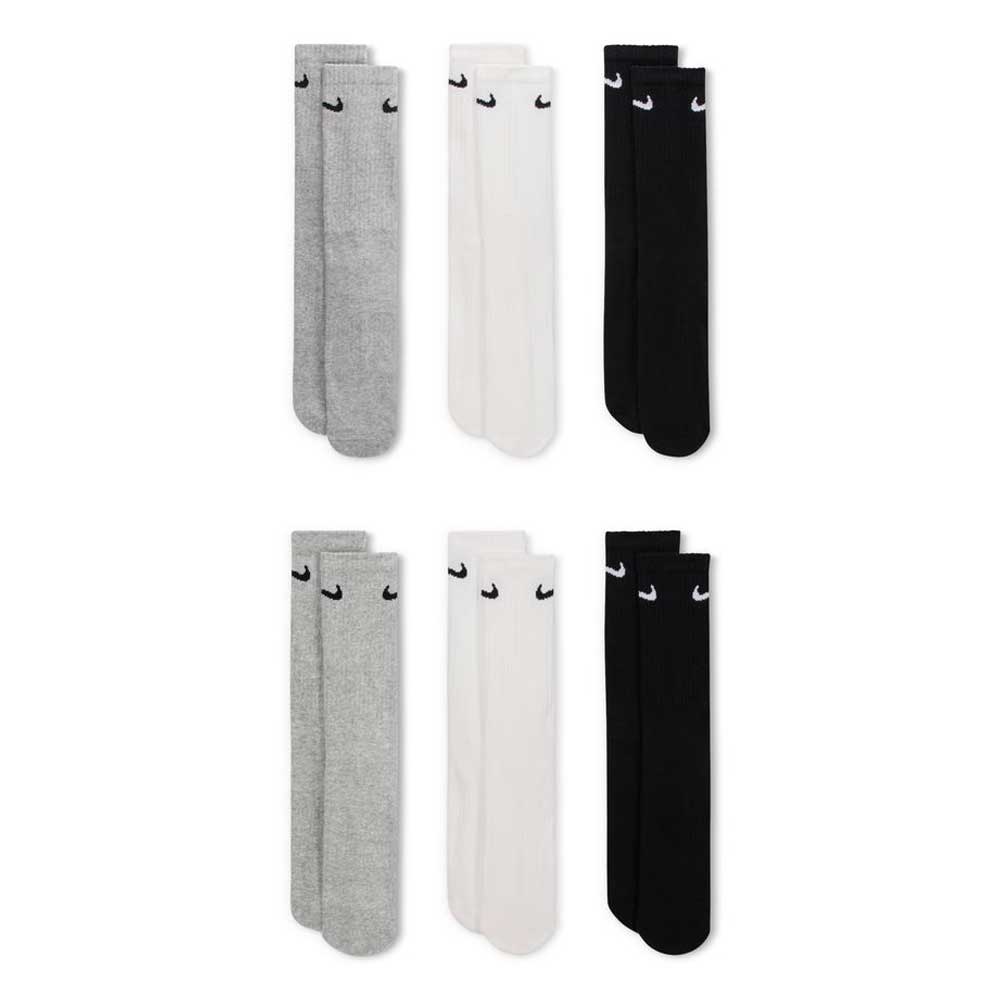 The SX7666964 Multi-Color Black Nike SB Crew Socks 6 Pack includes heather gray, white, and black pairs with a Swoosh logo. These comfortable crew socks feature Dri-FIT technology for support and moisture management.