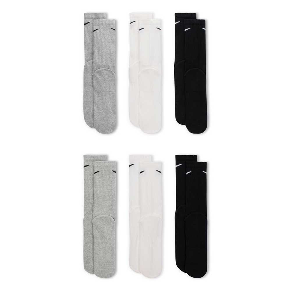 Six pairs of SX7666964 Multi-Color Black Nike SB Crew Socks in heather gray, white, and black are arranged in two rows of three, each color shown twice. A small swoosh logo adorns each for daily comfort and style.