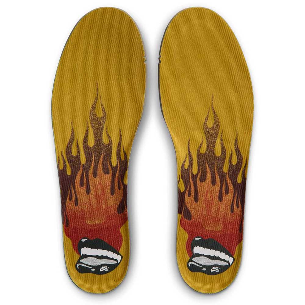Saffron Quartz Pear Hatch Chili Dunk Low Pro IO0427300 Nike SB Skateboarding Shoes insoles feature a vibrant yellow base designed for your Nike Dunk or Dunk Low, highlighted by black and white illustrated mouths near the heels with red and black flames extending from the mouths toward the toes.