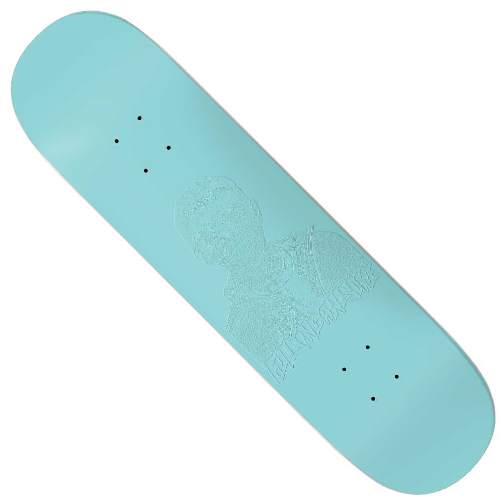 Sage Elsesser Embossed Photo 8.38 FA Skateboard Deck Blue featuring a light blue colorway with an embossed outline of a person in a jacket and text beneath the image, plus standard truck mounting holes.