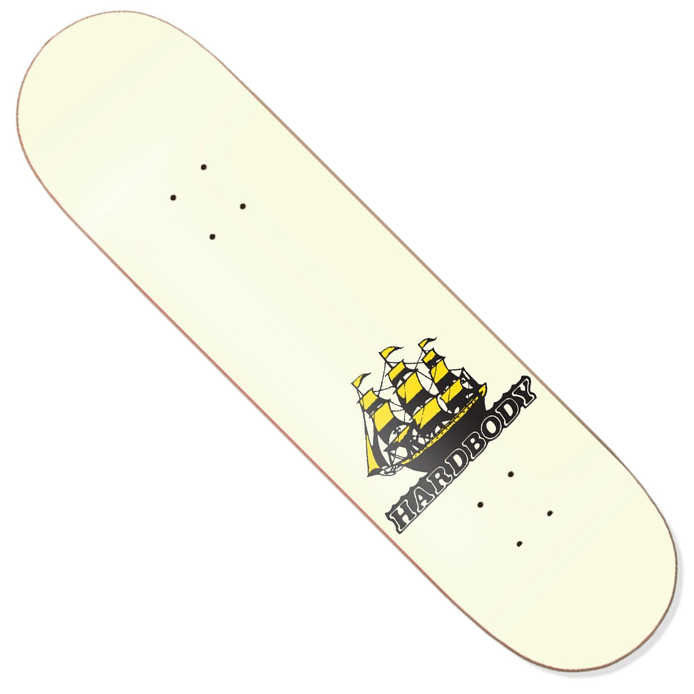 The Sailing 8.12x31.2 Hardbody Skateboard Deck Yellow Multicolor showcases a cream base with a vivid yellow and black ship graphic plus bold “HARDBODY” lettering beneath the sails.